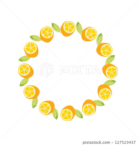 Round Lemon frame. Simple yellow Lemon slice Wreath with green Leaves. Slice of citrus and foliage. Decoration element for cards and seasonal decor, menu. Vector flat illustration. Round Lemon frame. Simple yellow Lemon slice Wreath with green Leaves. Slice of citrus and foliage. Decoration element for cards and seasonal decor, menu. Vector flat illustration. 127523437