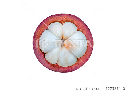 one mangosteen cut, isolated on white background with clipping path  127523440