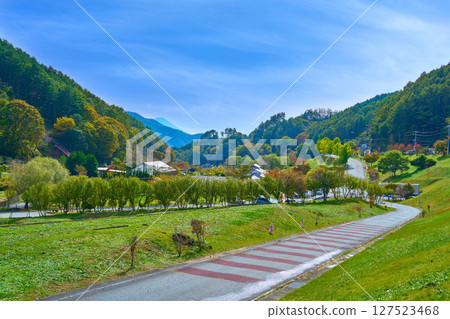 山梨縣北杜市高根町清裡線（R141）附近欣賞的道之站和富士山的秋景 127523468
