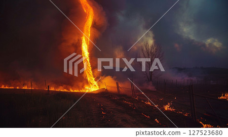 Intense wildfire fire tornado spiraling amidst burning forest under dark smoky skies 127523680