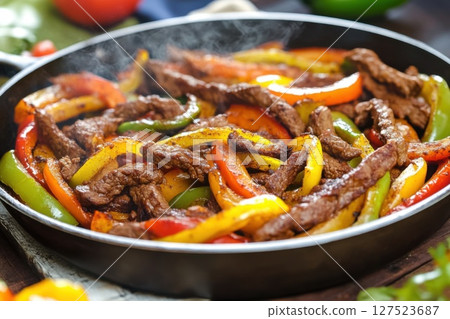 A colorful platter of sizzling beef fajitas with vibrant bell peppers, served in a skillet. 127523687
