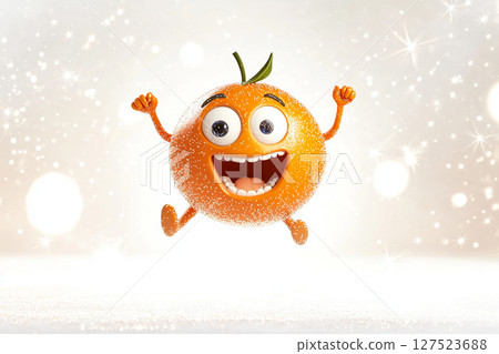 Cheerful animated orange character jumping with joy on a sparkling festive background. 127523688