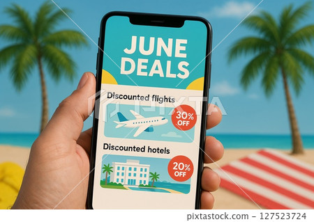 Smartphone showing June travel discounts for flights and hotels, held up on a tropical beach background with palm trees.  127523724