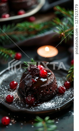 Rich chocolate dessert topped with berries and powdered sugar, styled with candlelight and evergreen decor for a cozy festive feel.  Rich chocolate dessert topped with berries and powdered sugar, styled with candlelight and evergreen decor for a cozy festive feel.  127523779
