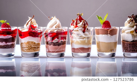 Colorful assortment of layered dessert shooters in glass cups, featuring mousse, cream, fruit, and toppings in elegant presentation.  127523786