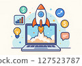 Colorful flat illustration of a rocket launching from a laptop, surrounded by business and finance icons, symbolizing startup growth.  127523787