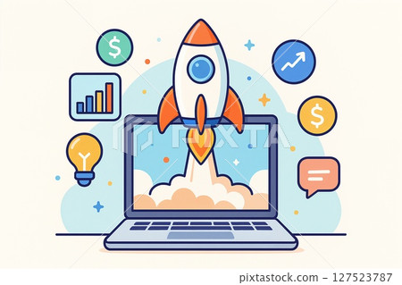 Colorful flat illustration of a rocket launching from a laptop, surrounded by business and finance icons, symbolizing startup growth.  127523787