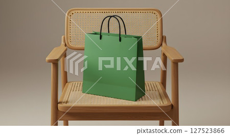 Green blank gift shopping bag on a wooden rattan chair. Empty packet for branding or product presentation. Merchandising design. 127523866