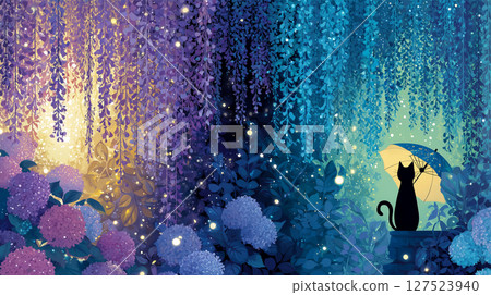 夜空中閃耀的紫藤花和撐著傘的貓 127523940