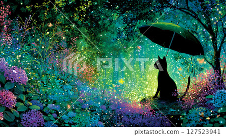 夢幻森林裡，貓咪撐著傘坐著 127523941