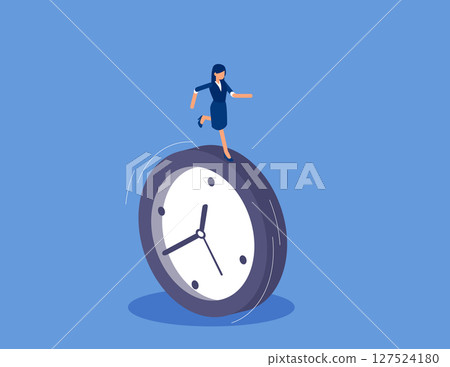 Businesswoman running on the clock. Flat isometric vector concept 127524180