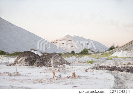 Beautiful landscape of white mountains and sand. Unusual natural landscape. Waste from old chemical production. 127524234