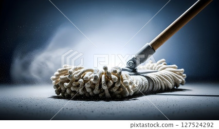 Wet mop cleaning floor. Household chore and spring cleaning concept. Dirt and dust particle removal for hygiene in home or office. 127524292
