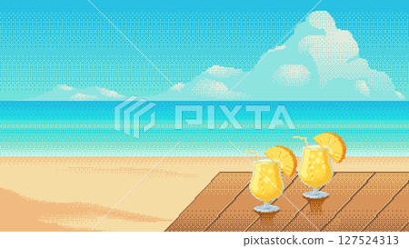 Tropical beach pixel art with two pineapple cocktails on a wooden deck. Bright sky, calm sea and summer vacation atmosphere. Vector illustration. Tropical beach pixel art with two pineapple cocktails on a wooden deck. Bright sky, calm sea and summer vacation atmosphere. Vector illustration. 127524313