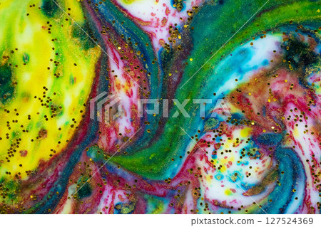 Multicolored colorful background of bright paints covered with gold sparkles. Texture of a mineral stone. Multicolored colorful background of bright paints covered with gold sparkles. Texture of a mineral stone. 127524369
