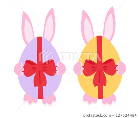 Hand drawn Easter Bunny hiding Colorful Easter egg with tied ribbon bow Easter Greeting design Set 127524484