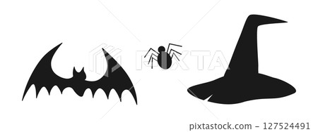 Hand Drawn Silhouette Bat Spider and Witch Hat Halloween symbols Greeting Cards Design elements Set Hand Drawn Silhouette Bat Spider and Witch Hat Halloween symbols Greeting Cards Design elements Set 127524491