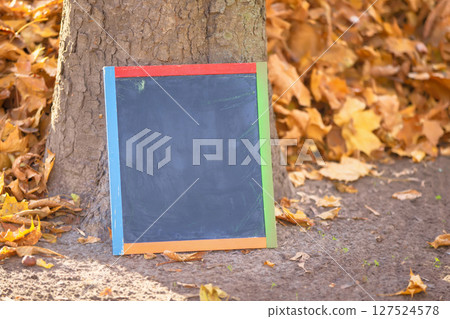 Against the background of an autumn park, a black board easel for inscriptions 127524578