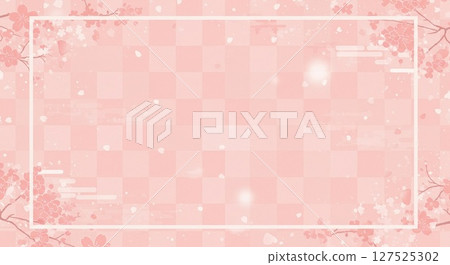 在柔和的粉紅色格子背景上，有華麗的櫻花和花瓣 127525302