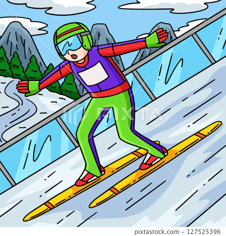 Male Ski Jumper Telemark Landing Colored Cartoon  127525396