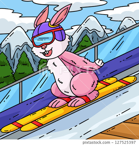 Ski Jumping Bunny Colored Cartoon Illustration  127525397
