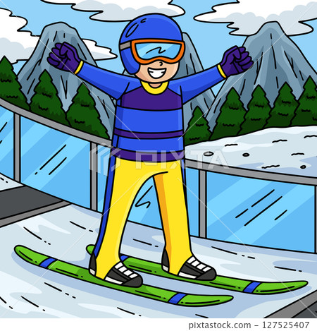 Male Ski Jumper Raising Arms Colored Cartoon  127525407