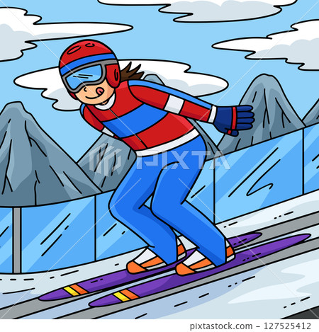 Ski Jumping Female Jumper Sliding Colored Cartoon  127525412