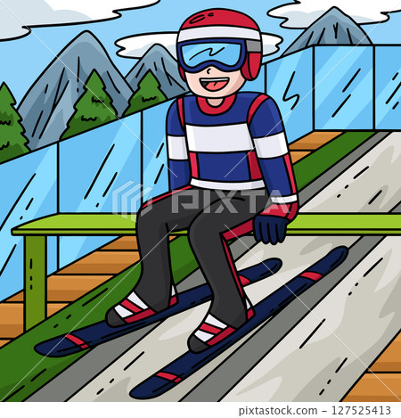 Male Ski Jumper Taking Position Colored Cartoon Male Ski Jumper Taking Position Colored Cartoon 127525413