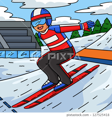 Male Ski Jumper Reaching Outrun Colored Cartoon  127525418