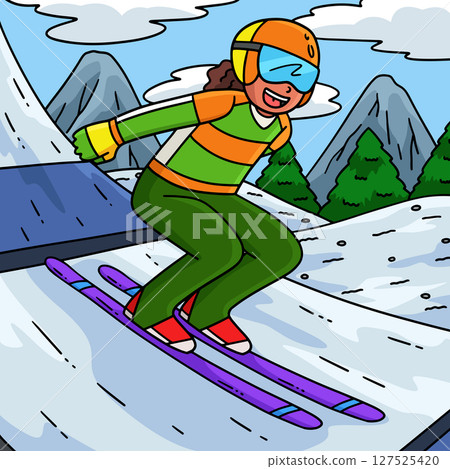 Female Ski Jumper Reaching Out to Run Colored  Female Ski Jumper Reaching Out to Run Colored  127525420