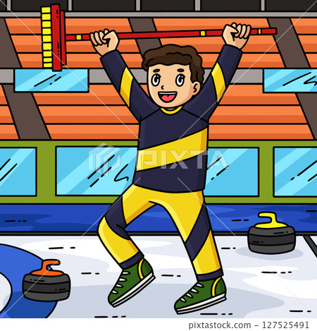 Curling Male Curler Raising Broom Colored Cartoon  Curling Male Curler Raising Broom Colored Cartoon  127525491