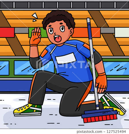 Curling Male Skip Shouting Colored Cartoon  127525494