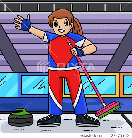 Curling Female Curler Holding Broom Colored Curling Female Curler Holding Broom Colored 127525500