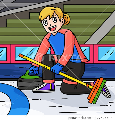 Curling Female Curler Delivering a Stone Colored  127525508