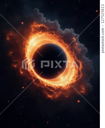 A magnificent display of cosmic wonder unfolds as a dark sphere is encircled by swirling flames and vibrant gases, illuminating the dark void of space in stunning detail Generative AI 127525613