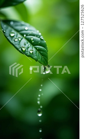 Glistening droplets cling to a lush green leaf, slowly dripping down in a peaceful garden. The vibrant greenery surrounds the leaf, creating a serene atmosphere Generative AI 127525626