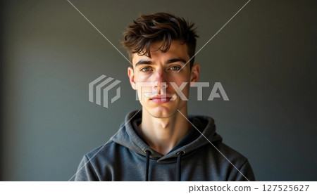 A young man stands confidently, his expression serene and contemplative Generative AI A young man stands confidently, his expression serene and contemplative Generative AI 127525627