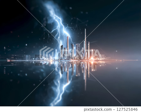 閃電襲擊城市瞬間的 CG 鏡頭 127525846