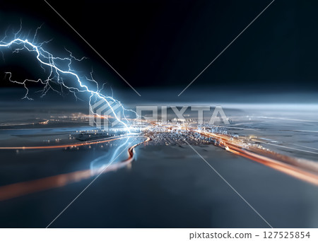 閃電襲擊城市瞬間的 CG 鏡頭 127525854
