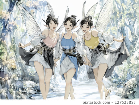 Illustration material of three smiling pixie fairy sisters walking in a flower field 127525855