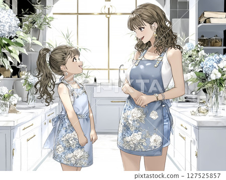 孩子穿著和媽媽一樣的圍裙的插圖素材 127525857