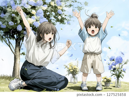 Illustration material of a girl and her mother calling for her father 127525858