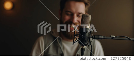 A man with a beard smiles while recording in a warmly lit studio Generative AI 127525948