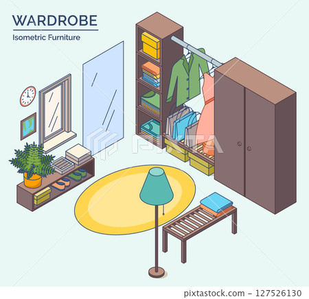 Cartoon Color Wardrobe Room with Clothes Furniture Setting Concept 3d Isometric View Line Elements. Vector illustration Cartoon Color Wardrobe Room with Clothes Furniture Setting Concept 3d Isometric View Line Elements. Vector illustration 127526130