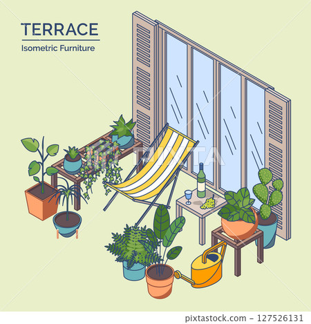 Cartoon Color Balcony Furniture Setting Concept 3d Isometric View Line Elements. Vector illustration of Summer Terrace 127526131
