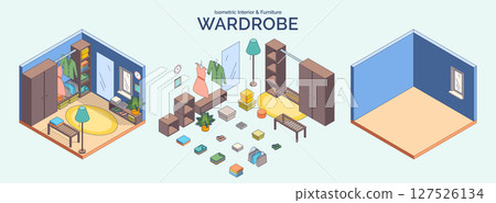 Cartoon Color Wardrobe Room Interior and Furniture with Clothes Concept 3d Isometric View Line Elements. Vector illustration Cartoon Color Wardrobe Room Interior and Furniture with Clothes Concept 3d Isometric View Line Elements. Vector illustration 127526134