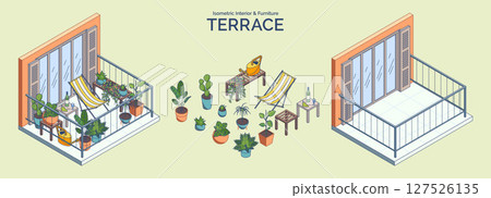 Cartoon Color Balcony Exterior and Different Plants, Furniture Concept 3d Isometric View Line Elements. Vector illustration Cartoon Color Balcony Exterior and Different Plants, Furniture Concept 3d Isometric View Line Elements. Vector illustration 127526135