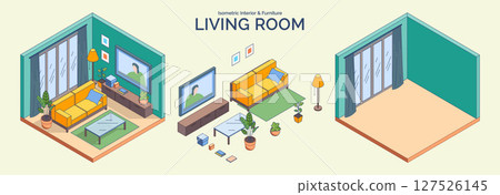 Cartoon Color Living Room Interior and Furniture Concept 3d Isometric View Line Elements. Vector illustration 127526145