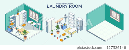 Cartoon Color Laundry Room Interior and Furniture Concept with Washing Machine 3d Isometric View Line Elements. Vector illustration 127526146