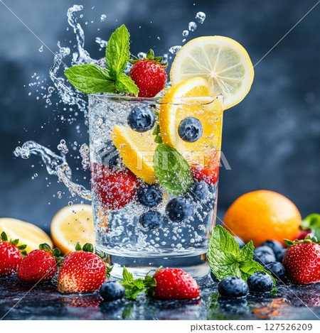 Refreshing healthy infused water bursting with citrus and berries splashing in sparkling water, perfect for a rejuvenating drink any time of the day Refreshing healthy infused water bursting with citrus and berries splashing in sparkling water, perfect for a rejuvenating drink any time of the day 127526209